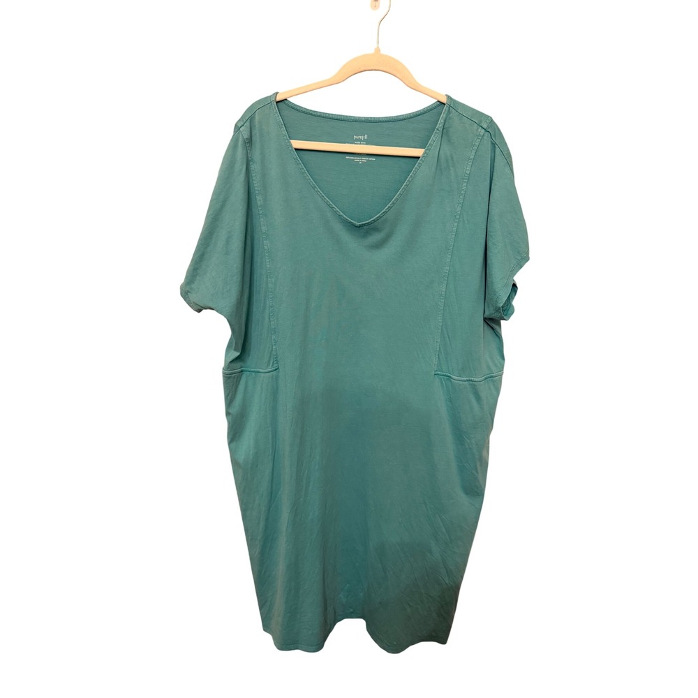 Pure Jill Organically Grown Cotton V-Neck Pocket T-Shirt Dress Teal Green 2X